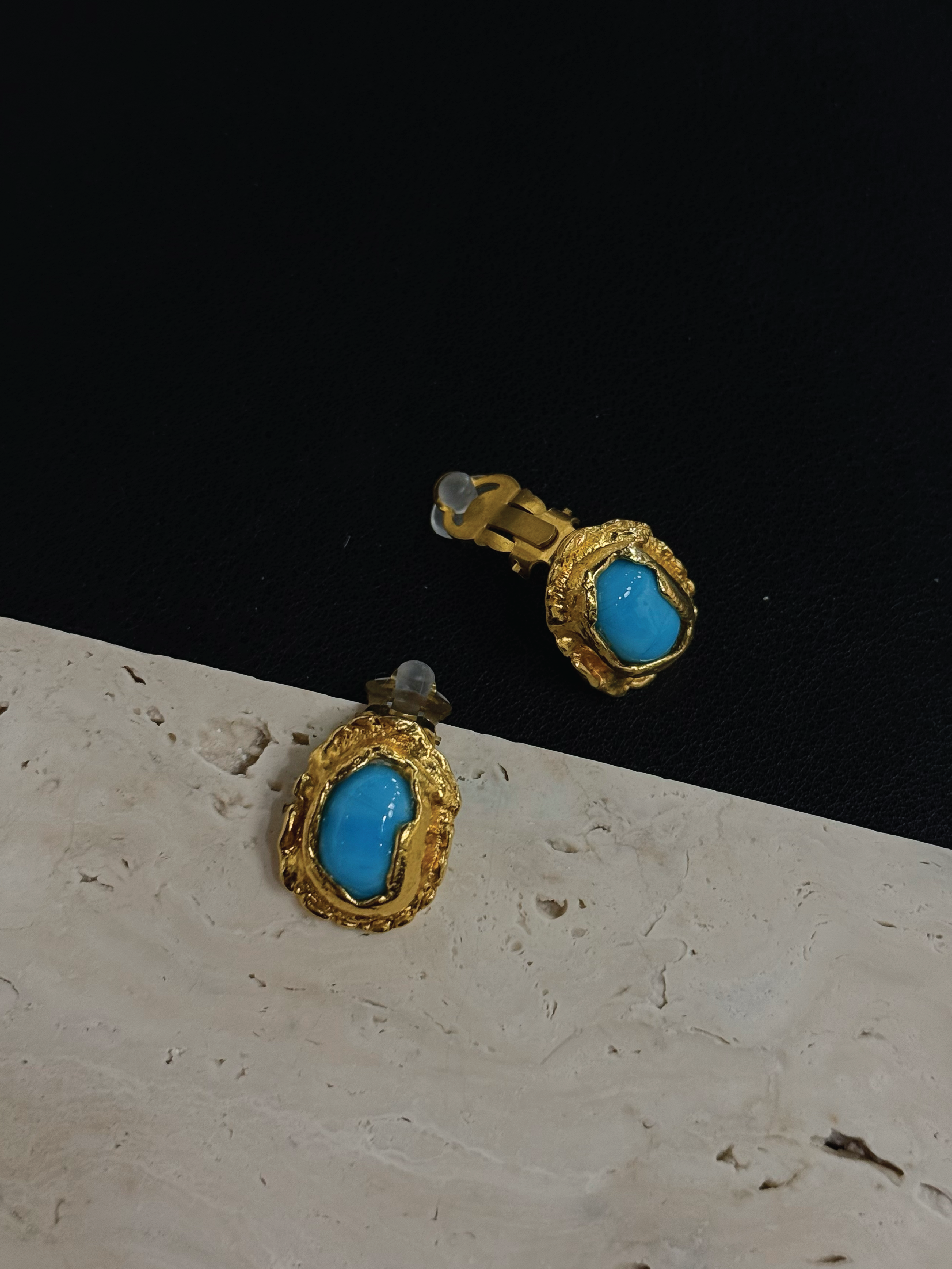 Chanel Vintage Molten Gold Turquoise Clip Earrings